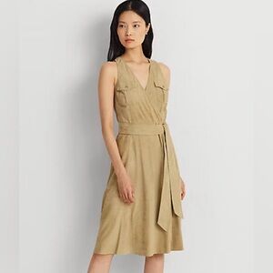 NWT Lauren Ralph Lauren Tan Belted Real Leather Suede Sleeveless Dress Size 16